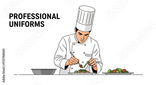 Professional Chef Uniform Illustration of a chef arranging food on a plate, showcasing culinary skills and expertise in gastronomy and the restaurant industry