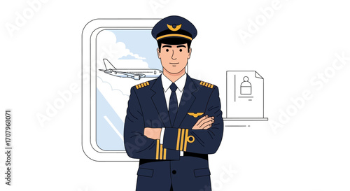 Professional airline pilot in uniform with folded arms, airplane visible outside window, and document icon, conveying aviation career, flight profession, and travel