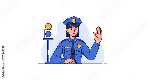 An illustrated depiction of a female police officer in uniform gesturing with her hand, alongside a traffic light