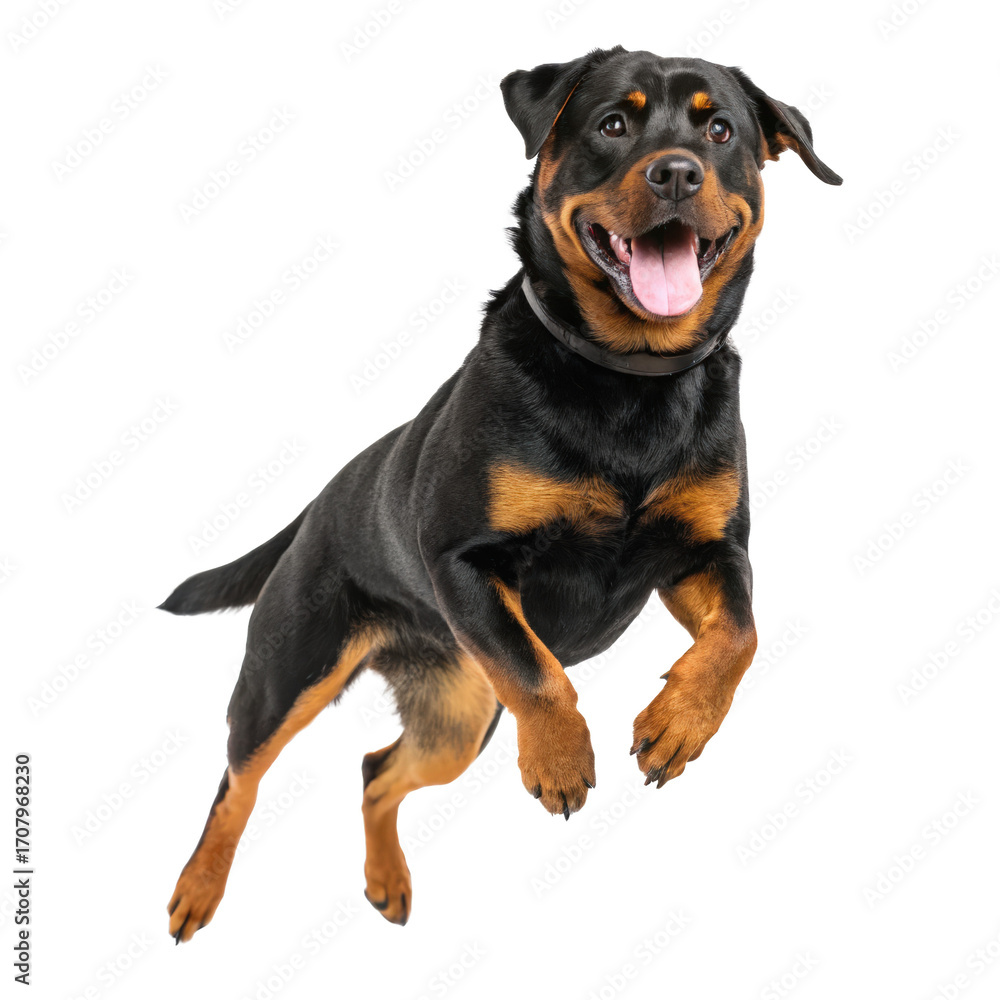 Obraz premium Happy rottweiler dog jumping floating in the air o png rottweiler png dog png jumping png floating png air png happy png transparent background