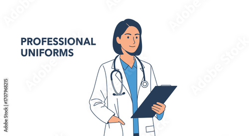 Professional healthcare worker, physician, doctor, nurse, standing, holding clipboard, wearing medical uniform, stethoscope, healthcare concept, medical professional
