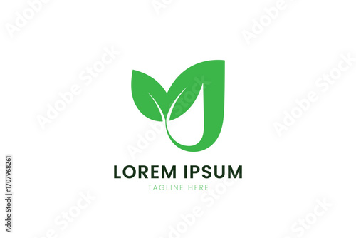 Minimalist green leaf logo design with water droplet and placeholder text