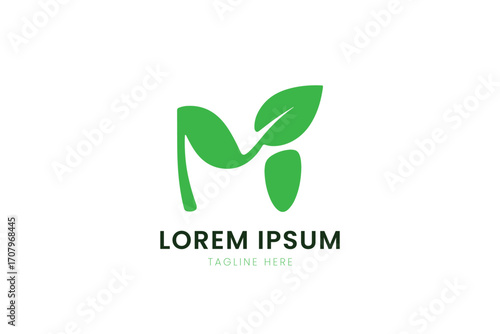 Minimalist green m logo with leaf elements for eco-friendly brands