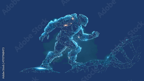Glowing blue polygonal robot stands atop a DNA double helix against a dark blue background, representing the convergence of biotechnology and artificial intelligence