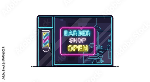 Illustration of a barber shop with an open sign, featuring a barber pole, shop window, and the text "Barber Shop Open." The neon sign adds a classic touch to the shop's exterior