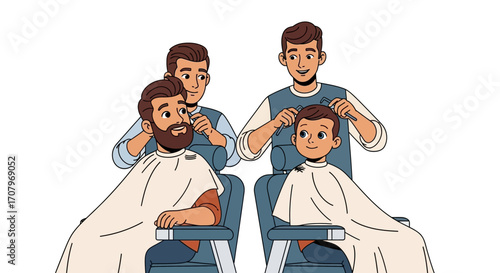 Barber shop scene A father and son get haircuts, each served by a barber, wearing capes, sitting on chairs. Hairdressers are providing services, showcasing grooming activities