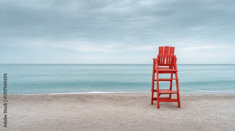 Fototapeta premium Single red lifeguard chair on empty beach