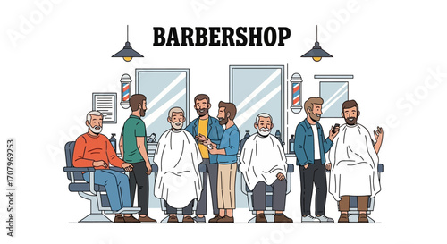 A welcoming barbershop scene illustrated, depicting a diverse group of men, some waiting, others getting haircuts, mirrors reflect, creating a sense of community, grooming