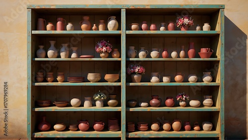 Wallpaper Mural Antique shelving unit displaying vintage pottery collection indoors Torontodigital.ca