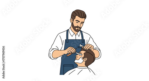 Barber giving a shave, illustration of a professional hairstylist grooming a customer's face, featuring the tools and the service within a barber shop for personal care