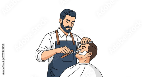 An illustration of a barber shaving a customer's face. The barber is wearing an apron and using a straight razor to shave the customer's face. The customer is sitting in a barber's chair