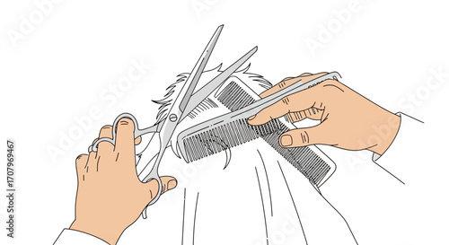 Illustration of a barber using scissors and a comb to cut a client's hair, demonstrating a hair salon service with precision and styling techniques