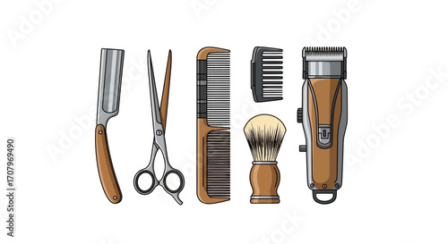 Illustration showcasing barber tools, including a straight razor, scissors, a comb, a brush, and a hair clipper, perfect for barber shops and hair salons