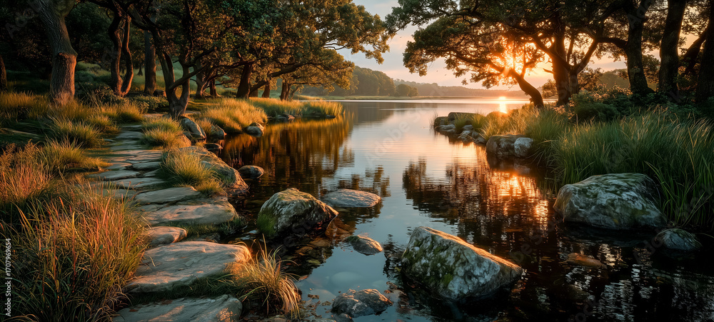 Obraz premium Serene sunset reflection on calm lake surrounded by lush greenery