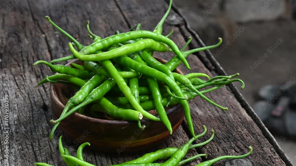 Close-up of fresh organic green chili peppers placed in a wooden bowl on a rustic wooden table. Healthy spicy vegetable used as a cooking ingredient in Indian and Asian cuisine.