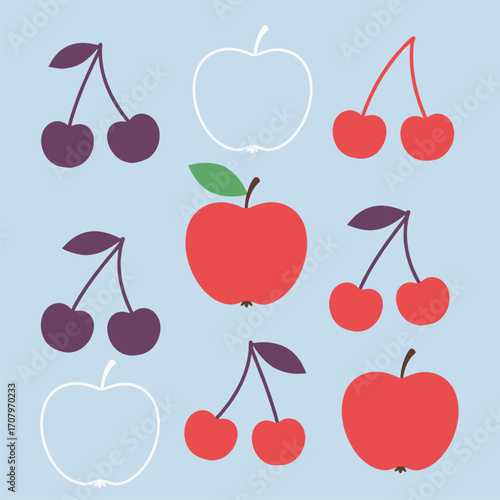 Minimalist Red and Purple Apples and Cherries Pattern on Blue Background - Flat Vector Fruit Illustration