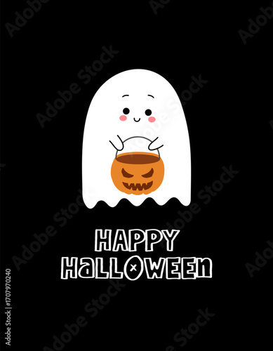 Cute, funny ghost on black holding a jack-o-lantern candy bucket with “Happy Halloween” text. High-contrast spooky artwork for shirts, stickers, cards, posters, and decor.