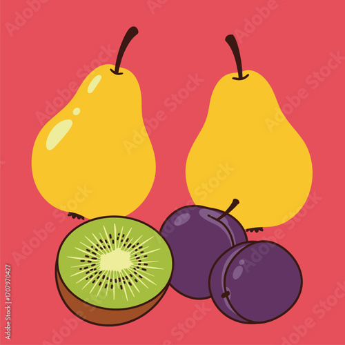 Vibrant fruit medley: yellow pears, purple plums, and green kiwi flat illustration on pink background