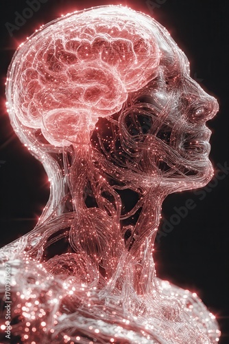 Anxiety Neural Close‑Up: Luminous fiber network forms a human head in profile as the brain glows red and threads pulse, suggesting mounting stress and nervous system overload in a minimal setting.