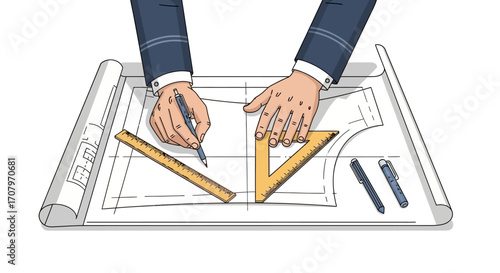 Architect meticulously working on blueprints, using tools to sketch plans. Focused craftsman creating architectural designs, illustration of hands drafting