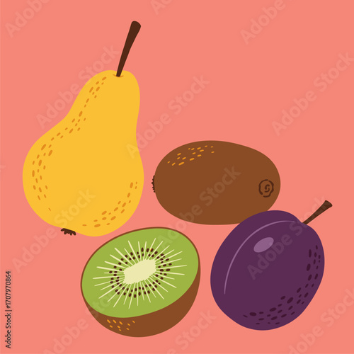 Vibrant Fruit Assortment Illustration with Pear, Kiwi, and Plum on Pink Background