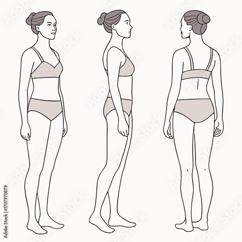 Full-length standing portrait in underwear. Nine angles figure front, 3 of 4, side, back views shape. Female body profile.