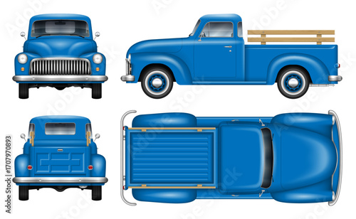 Classic pickup truck vector mock-up. Isolated vintage blue lorry view from side, front, back, top. All elements in the groups on separate layers for easy editing and recolor.