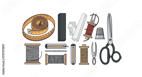 A collection of essential sewing tools and accessories, including thread spools, measuring tape, scissors, thimble, seam ripper, pins, and tailor's chalk arranged on a white background