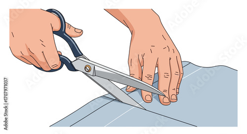 Person using scissors to cut fabric Close-up of hands holding scissors, cutting through blue fabric. Sewing, crafting, and tailoring concept. High-quality image illustration