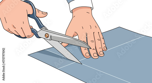 Illustration depicting hand holding a pair of scissors cutting through blue fabric. Close-up shot showing the action of cutting