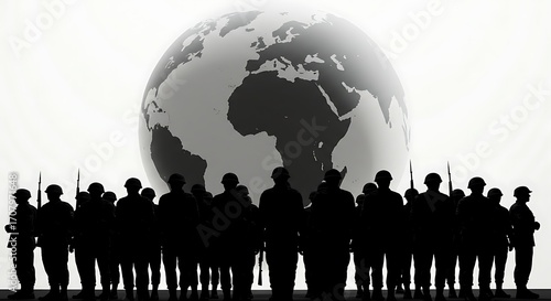 Silhouetted Soldiers Standing in Front of Globe with Dark World Map Background