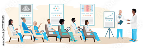 A team of doctors confer, study, hold a conference, training or cosilium. Vector illustration isolated on white background.