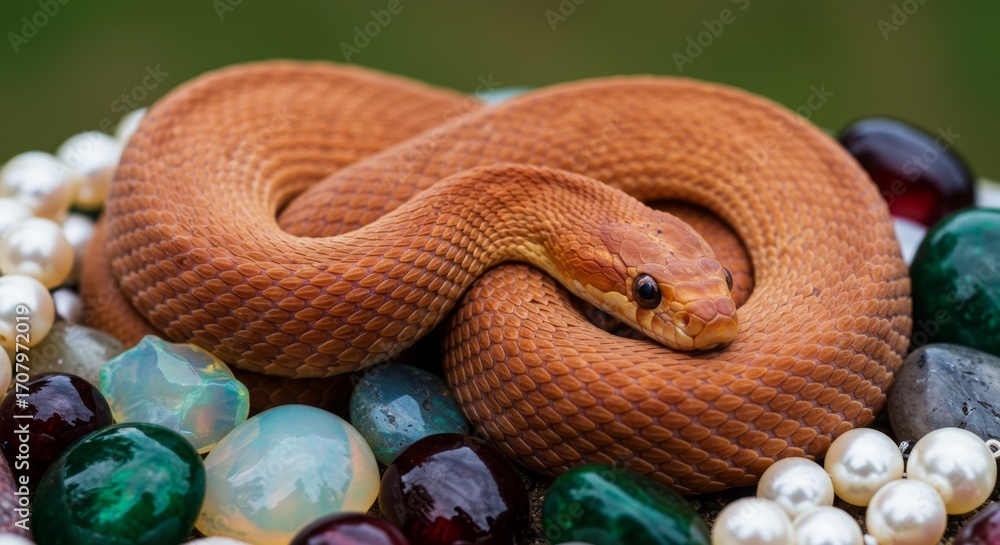 Fototapeta premium Orange Snake Resting Among Pearls, Opals and Precious Gemstones in a Colorful Treasure Display