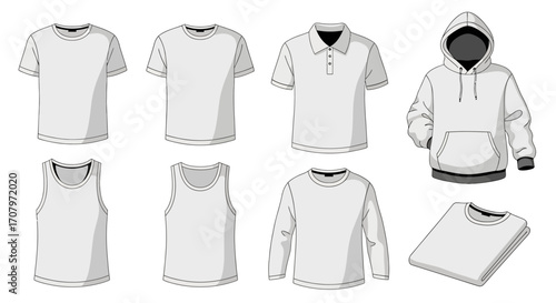 Variety of Plain White Clothing Items T-shirts, Polo Shirts, Hoodies, and More. Classic Apparel Designs in Various Styles