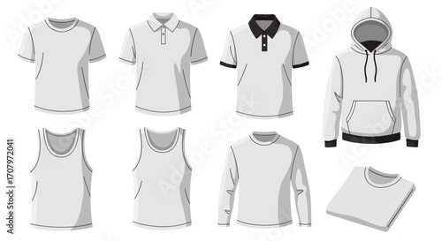 Selection of various white t-shirts and other apparel styles, including polo shirts, hoodies, long-sleeved shirts, and tank tops, isolated on white backdrop suitable for design