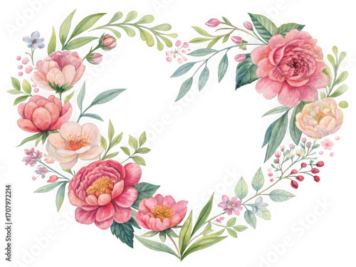 Beautiful watercolor heart wreath of roses and greenery seamless pattern isolated on white background
