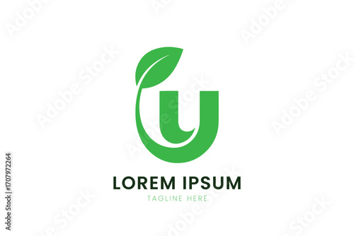 Minimalist green letter u logo with leaf element and placeholder text for branding