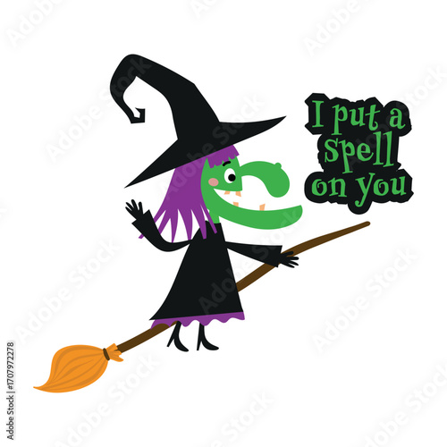 Playful witch on a broom with bright “I put a spell on you” text. Fun spooky statement for shirts, mugs, stickers, posters, and party decor.