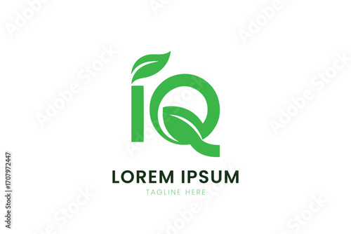 Modern minimalist green leaf and iq logo design for eco-friendly brands and businesses