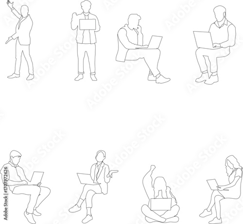 Clean line art silhouettes of people in various seated and walking positions viewed from above, ideal for floor plans, wayfinding systems, and modern infographics.