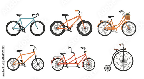 Diverse collection of bicycle illustrations showcasing various types of cycles, including road bikes, mountain bikes, tandem bikes, and vintage models
