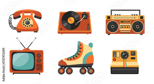 Explore the charm of vintage technology and nostalgic items, from a classic telephone and record player to a retro boombox, television, roller skate, and instant camera