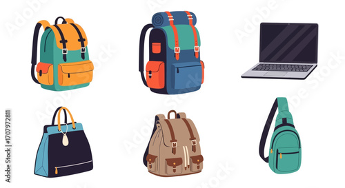 A versatile collection of illustrated bags including backpacks, a handbag, and a sling bag, alongside a laptop, isolated for travel and lifestyle concepts