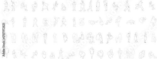 Set of 64 people - silhouettes and line art. Walking, sitting, talking, relaxing, and family activities.