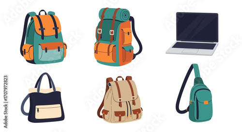 A versatile vector collection of different bags for various purposes. This set features a travel backpack, rucksack, tote, sling pack, and a laptop computer