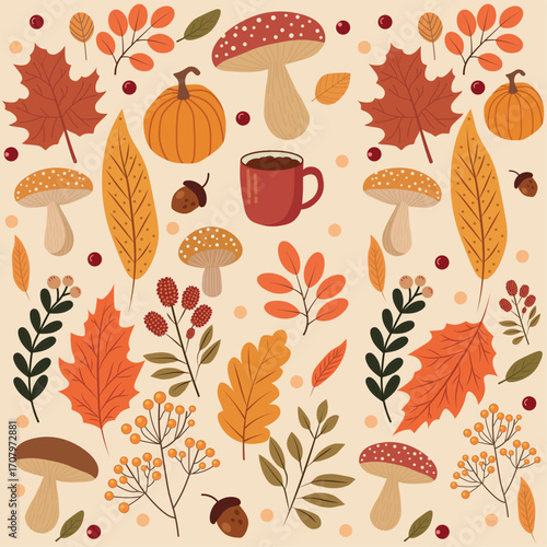 Autumn seamless pattern with leaves, mushrooms, pumpkin, berries, acorns and coffee. Cozy seasonal design for fall decoration, fabric, wrapping paper, greeting cards and home decor.