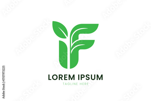 Minimalist green letter f logo design with growing leaves for eco friendly brands