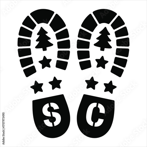 Santa Boot Print with Christmas Tree and Stars Vector Illustration