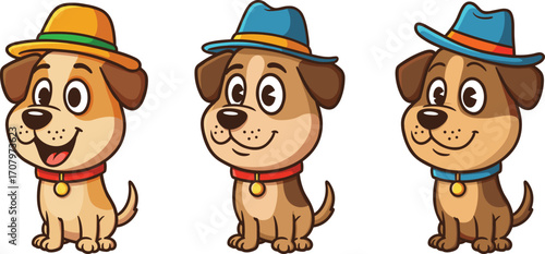 Cartoon dogs wearing colorful hats and collars, sitting happily, cute vector puppies illustration for kids, pet-themed design clipart