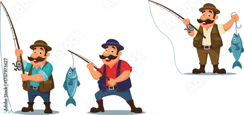 Cartoon fisherman characters holding fishing rods catching fish, happy fishermen, outdoor fishing activity, fresh catch, recreational angling, vector illustration